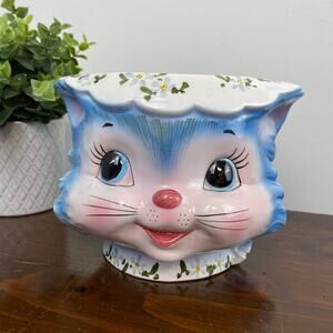 Vintage 50s Lefton Miss Priss Blue Cat Planter Vase Cookie Jar Base Kitsch #1502